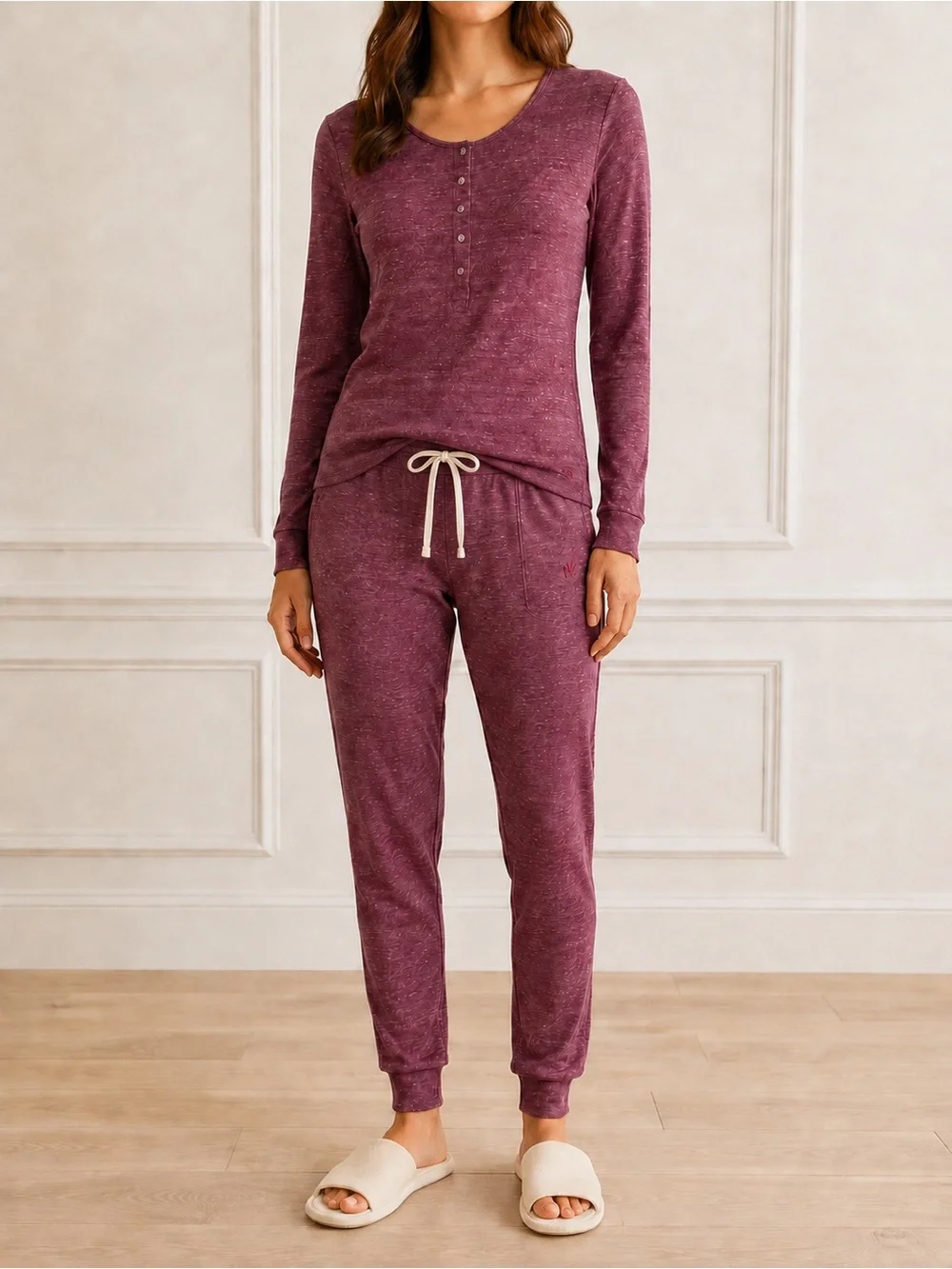 Albion Fit Cabin Fever Pajama Lounge Set Sz Medium Heather Maroon Henley Joggers